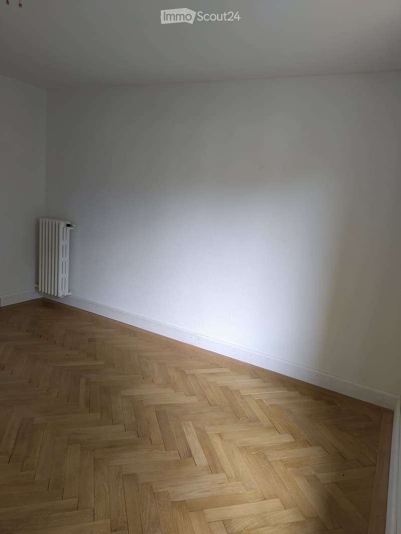 Empty room with light grey walls and herringbone wooden flooring, featuring a white radiator on one wall.