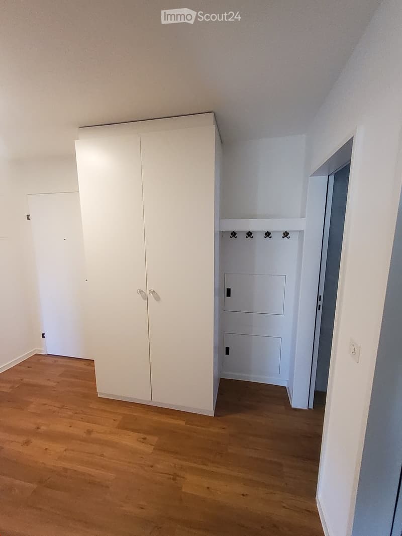 Empty hallway with wooden flooring, white walls, built-in closet with double doors, and a small storage area with coat hooks.