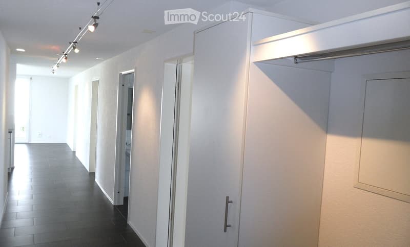Corridor / Hallway. Empty corridor with white walls, black tiled floor, and track lighting on the ceiling.