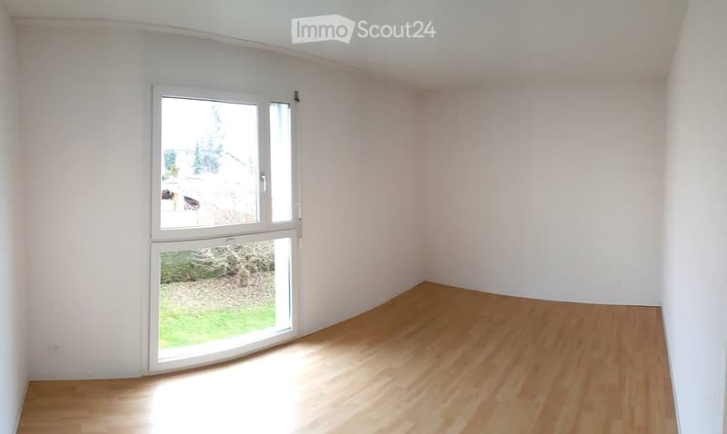 Unfurnished Room. An empty room with white walls, wooden floor, and a large window with a view of a grassy area outside.