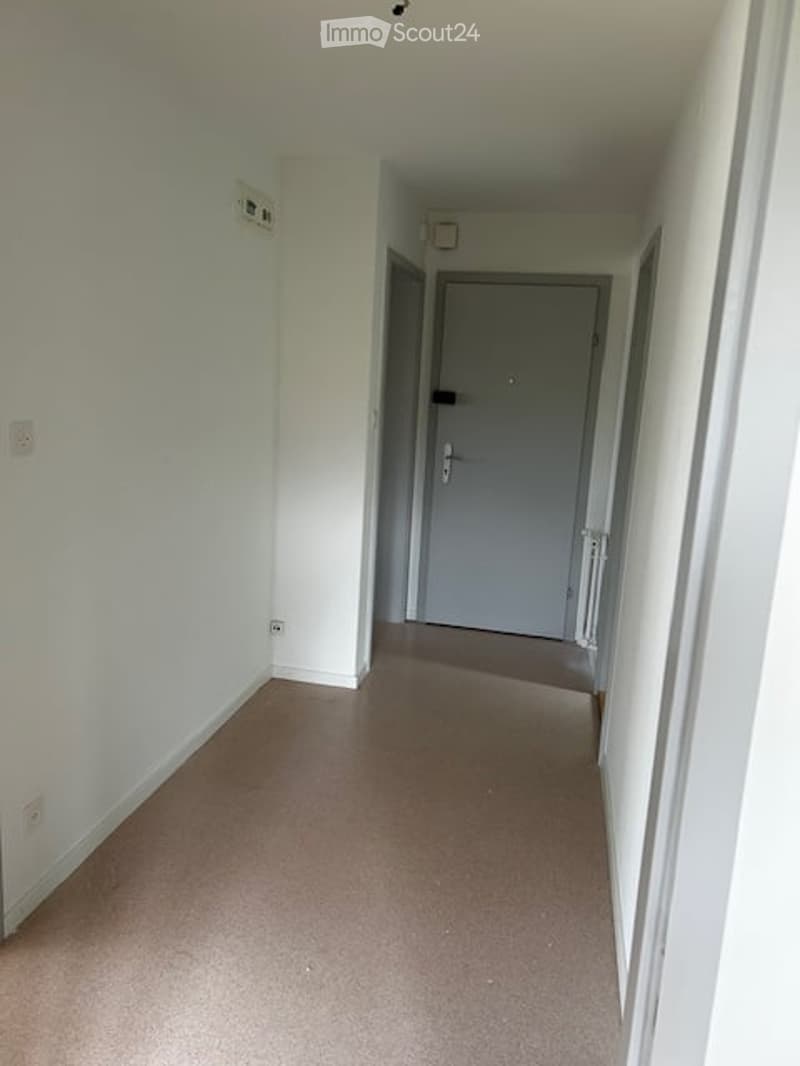 Empty hallway with white walls, beige carpet, and a closed door at the end.