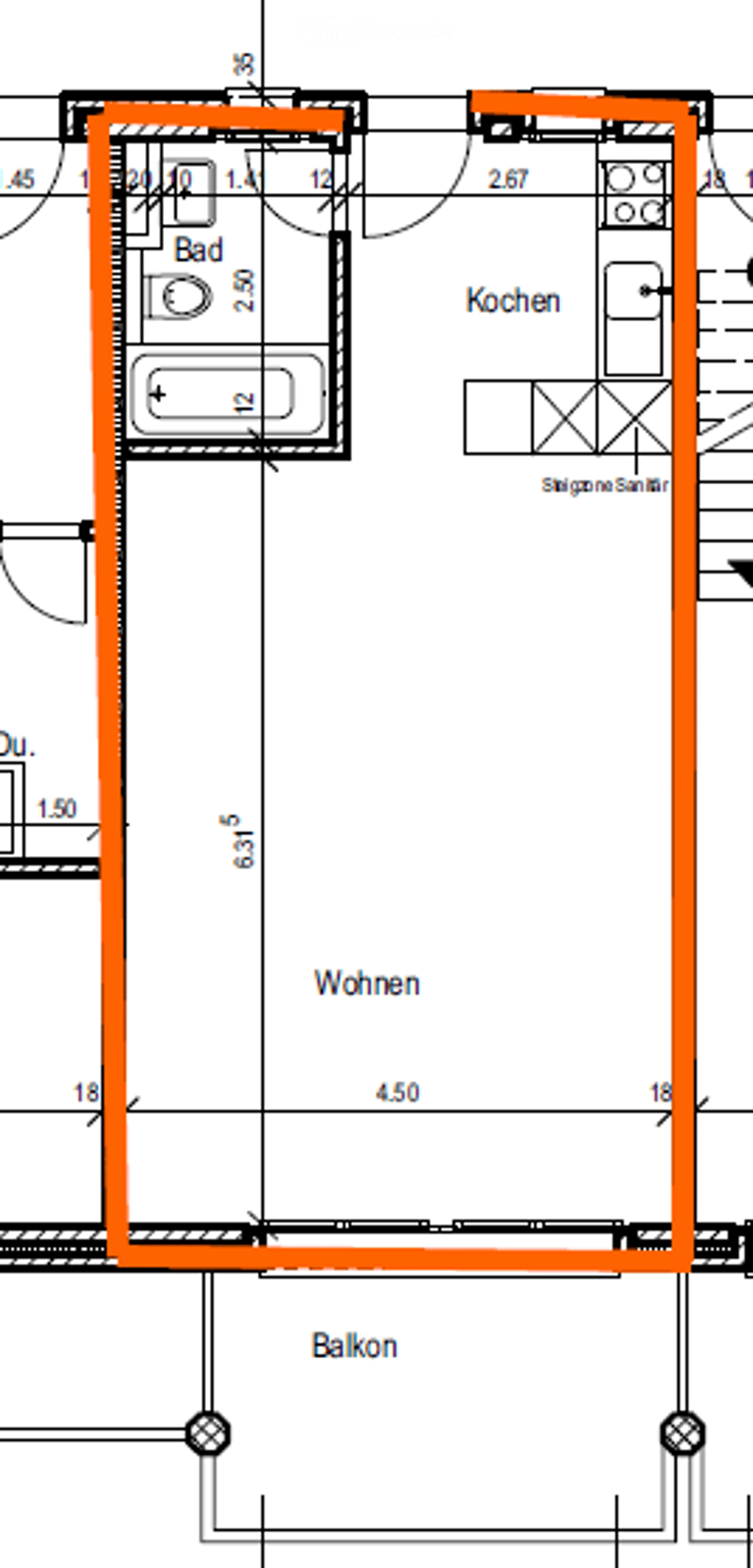 Floor plan of a 2-room apartment with a living room, kitchen, bathroom, and balcony. Dimensions and room labels are visible.