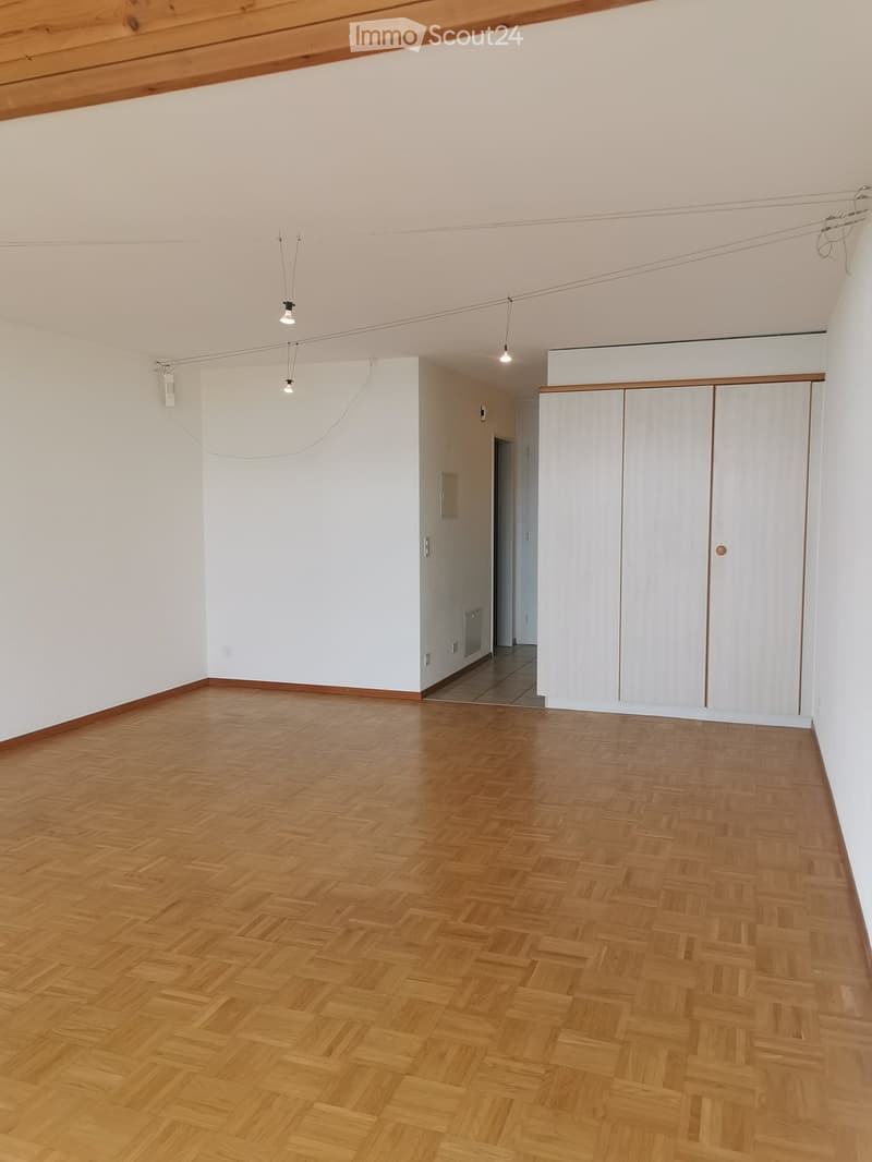 Empty room with wooden herringbone flooring, white walls, and exposed wooden beams on the ceiling. Features include built-in white closet units and recessed lighting.
