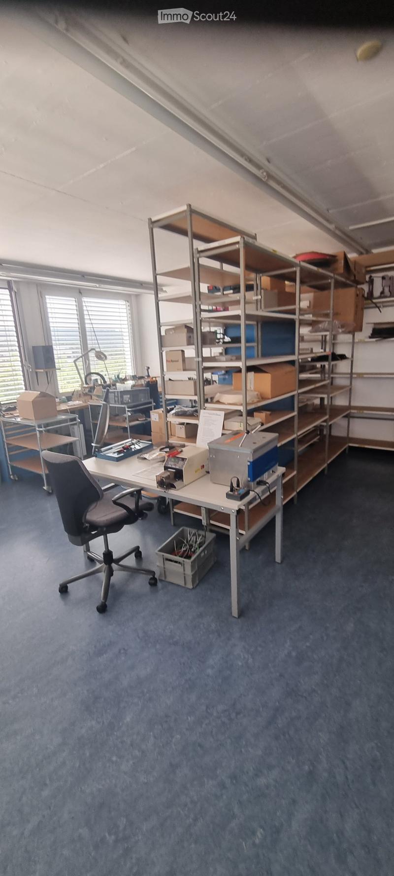 Office space with a blue carpet, a large metal shelving unit filled with boxes and supplies, a desk with a chair, and various office equipment.