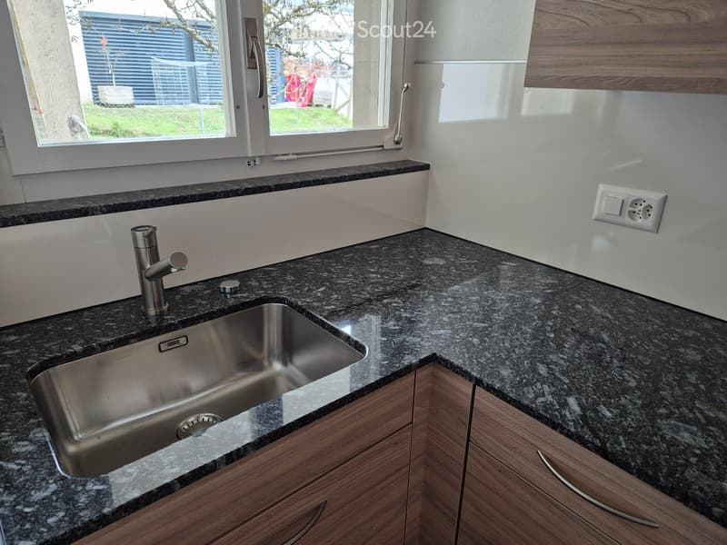 Modern kitchen with granite countertop, stainless steel sink, and wooden cabinets.