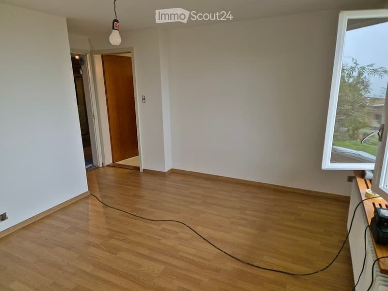 Empty room with wooden flooring, white walls, and a large window with a view of greenery. A wooden door leads to another room, and a light fixture hangs from the ceiling.
