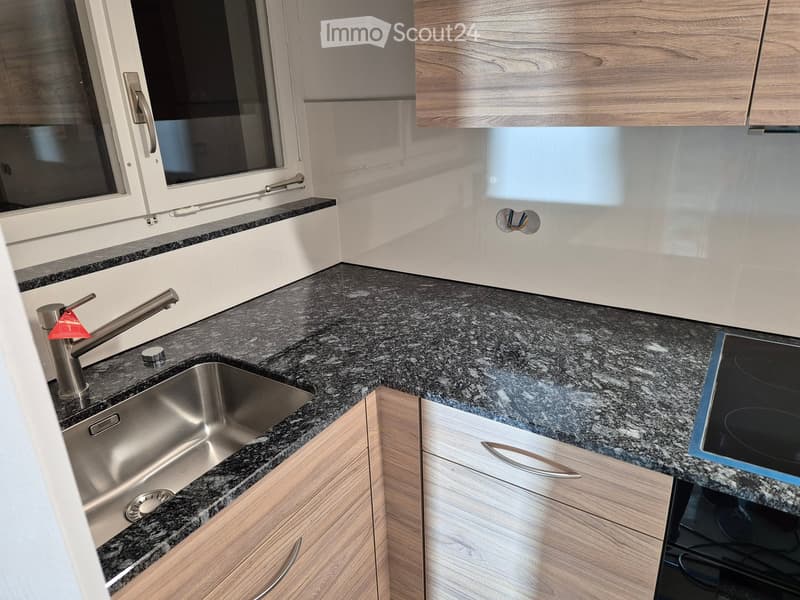 Modern kitchen with granite countertops, stainless steel sink, wooden cabinets, and an electric stove.