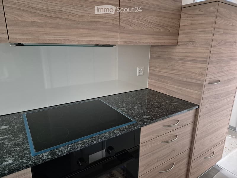 Modern kitchen with wooden cabinets, granite countertop, induction stove, and built-in oven.