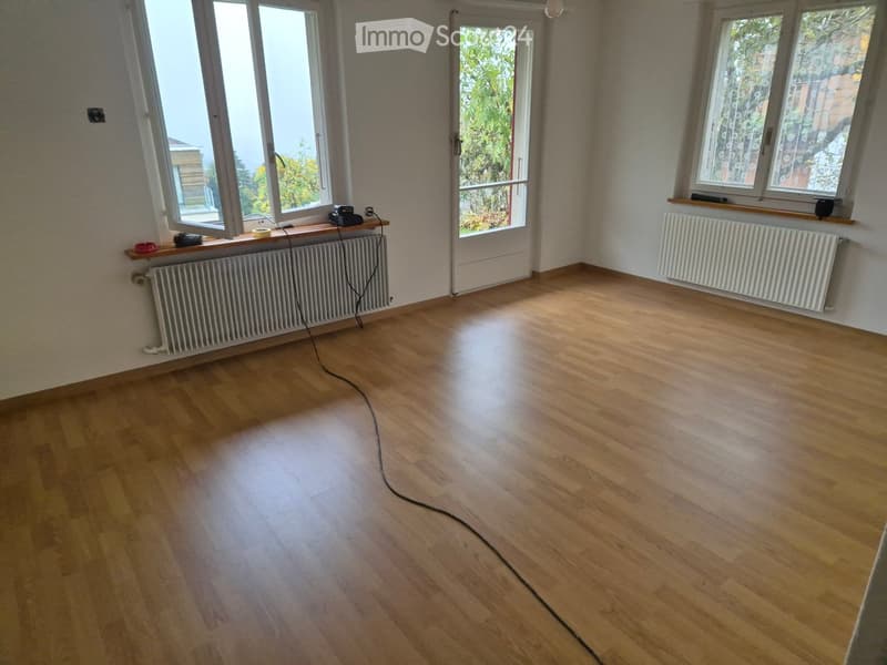 Empty room with wooden flooring, white walls, large windows, radiators, and a door leading outside.