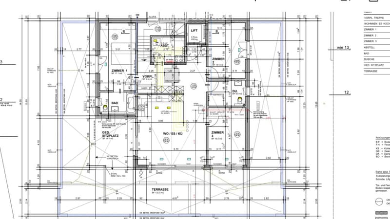 Floor plan of a multi-room apartment including living room, kitchen, bedrooms, bathrooms, and a terrace.