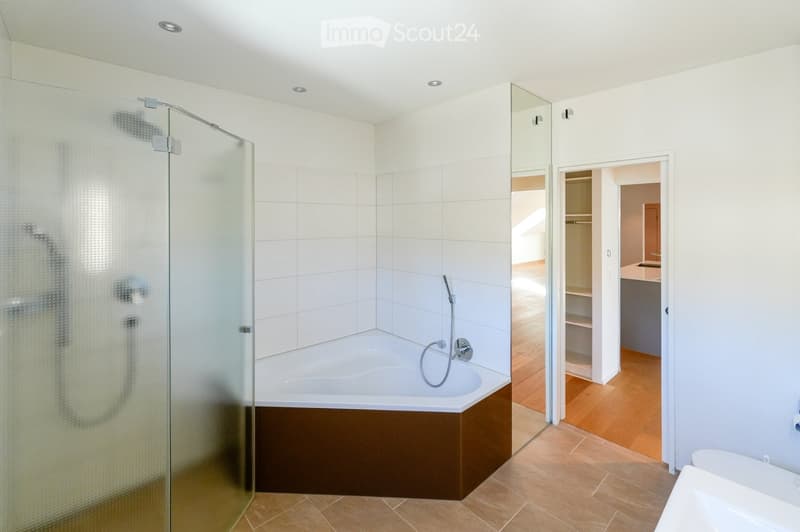 Modern bathroom with a bathtub, glass shower enclosure, and a sink visible in the adjacent room.