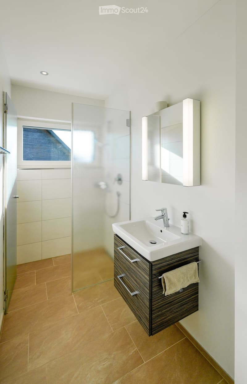 Modern bathroom with a white sink, dark wooden cabinet, mirror, and glass shower enclosure.