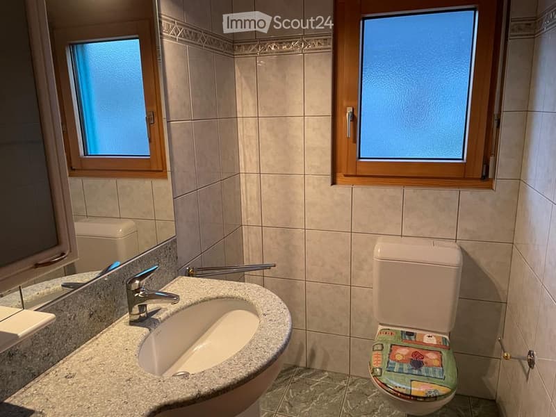 Bathroom with beige tiled walls, granite countertop sink, chrome faucet, and a toilet with a colorful seat cover. Two small windows provide natural light.