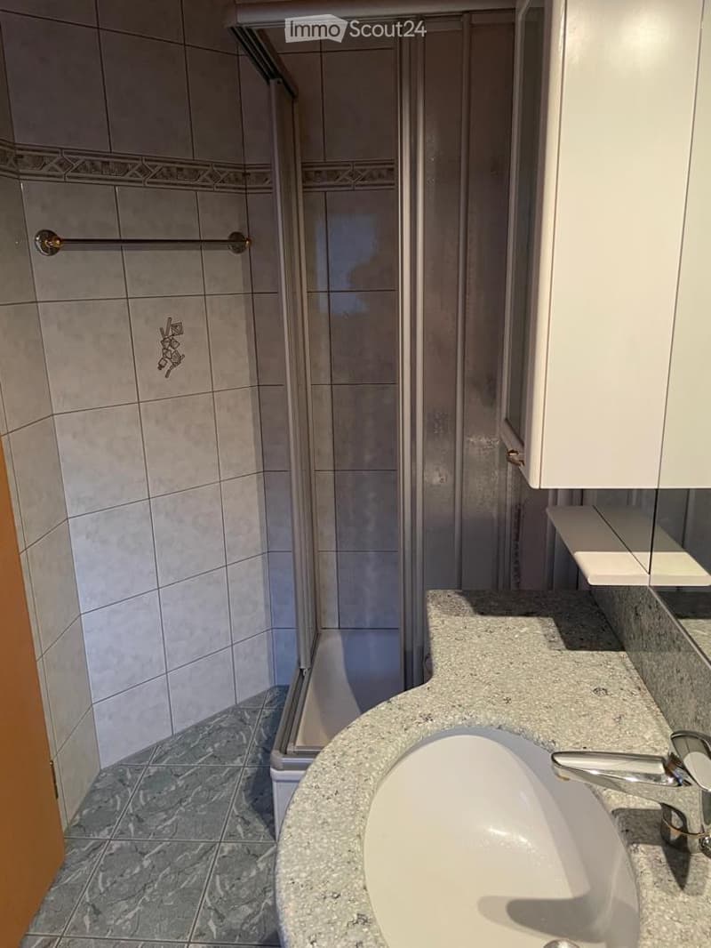 Modern bathroom with a white sink, chrome faucet, marble countertop, and a glass-enclosed shower area.