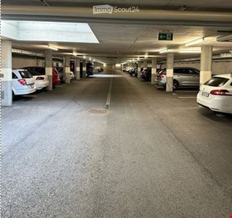Underground parking area with multiple parked cars, concrete pillars, and a clean, organized layout.