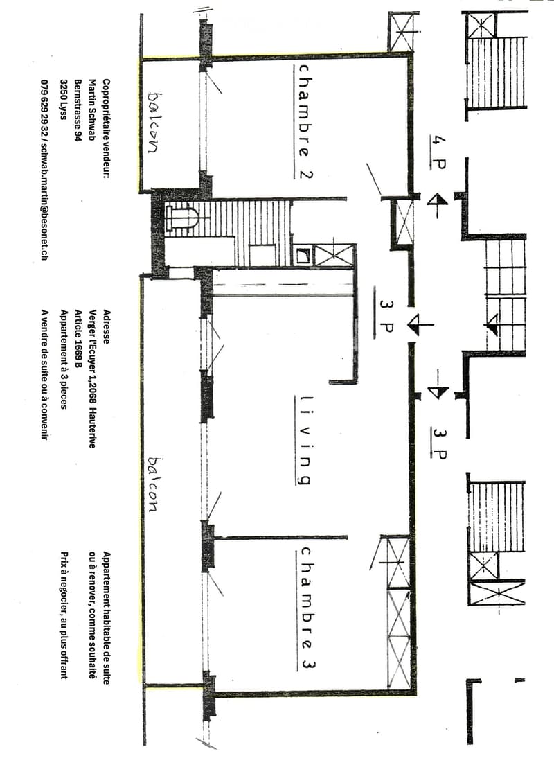 Floor plan showing a three-bedroom apartment layout with living room, dining room, and two bedrooms.