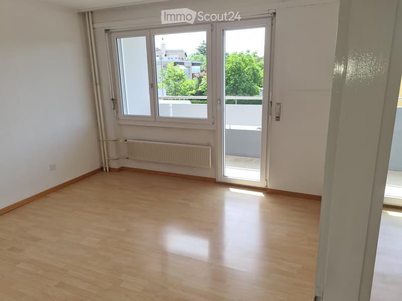 Empty room with wooden flooring, white walls, large windows, and a radiator. The room has a sliding glass door leading to a balcony.