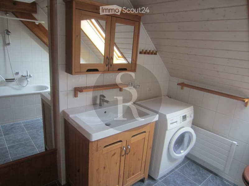 Bathroom with a wooden mirror cabinet, a sink with a faucet, a bathtub, and a washing machine. The room features wooden shelves and a sloped ceiling with skylight windows.