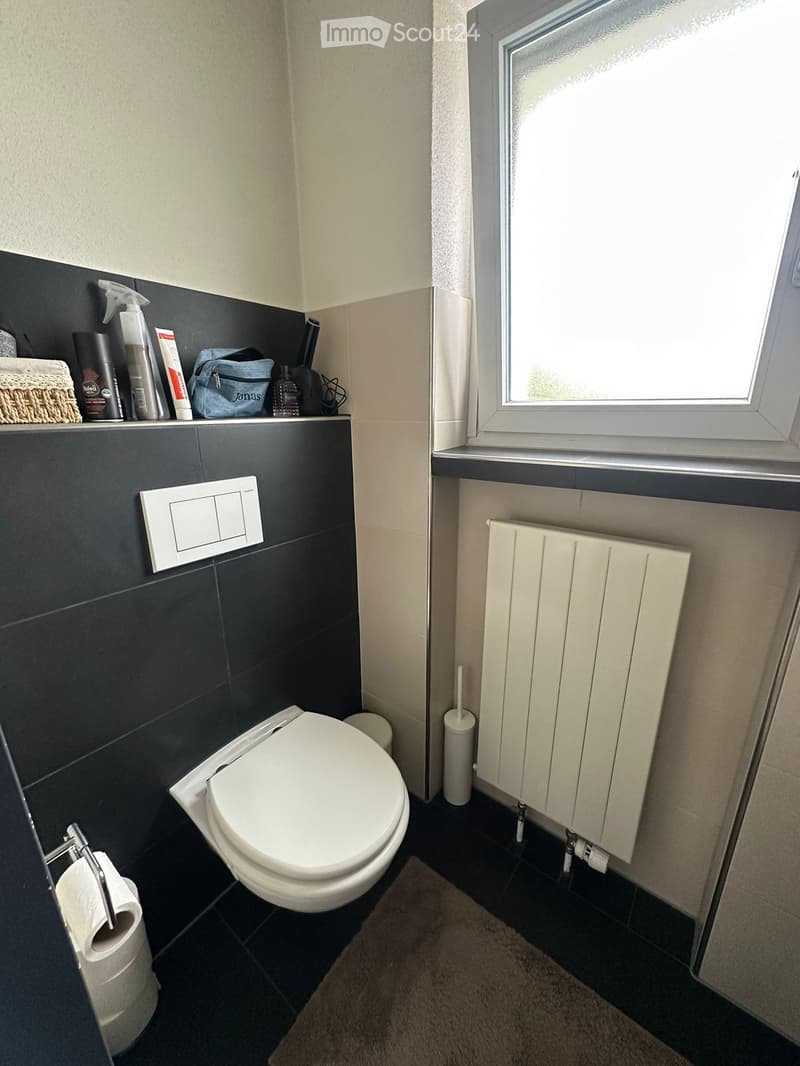 Modern bathroom with dark tiled walls, white toilet, toilet paper holder, radiator, and shelf with toiletries and a small bag.