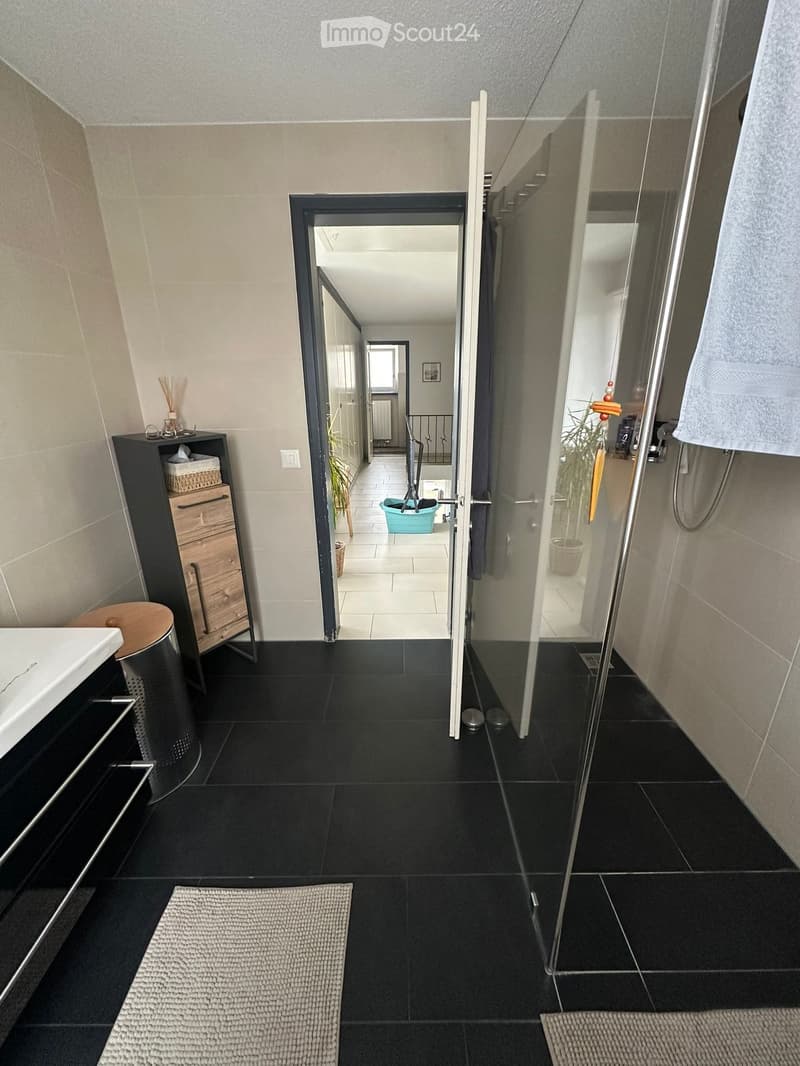 Modern hallway with black tiled flooring, white walls, and a glass-enclosed shower area visible to the right. A small shelf with decorative items is on the left, and a doorway leads to another room.