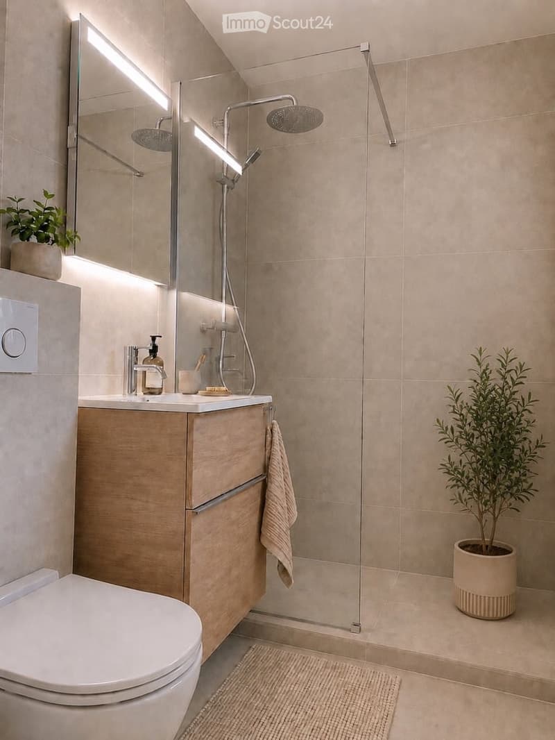 Modern bathroom with a white toilet, wooden vanity with a sink, a large mirror with LED lighting, a glass-enclosed shower with multiple showerheads, and decorative plants in pots.