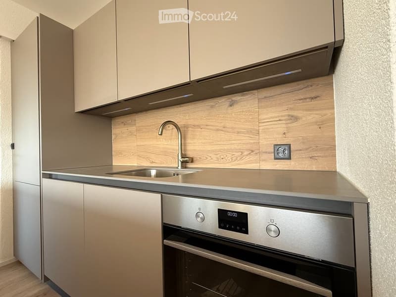 Modern kitchen with light-colored cabinets, a stainless steel sink, a built-in oven, and a sleek countertop.
