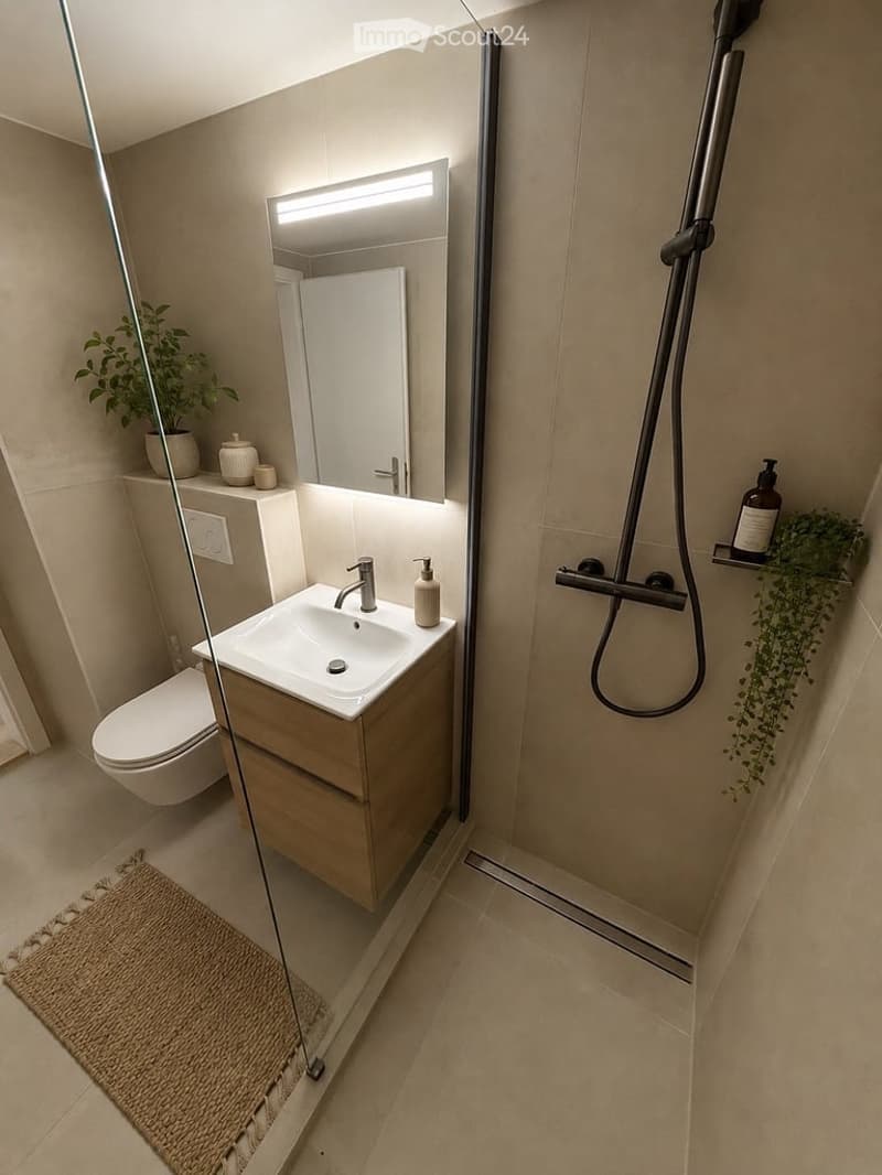 Modern bathroom with a white sink, toilet, and glass-enclosed shower. Features a large mirror with built-in lighting, a wooden cabinet, and decorative plants.