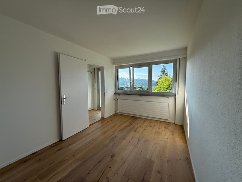 Empty room with wooden flooring, white walls, a large window with a scenic view, and a radiator below the window. A door leads to another room.