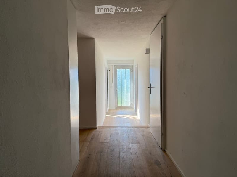 A long, narrow hallway with wooden flooring and white walls, leading to a frosted glass door at the end.