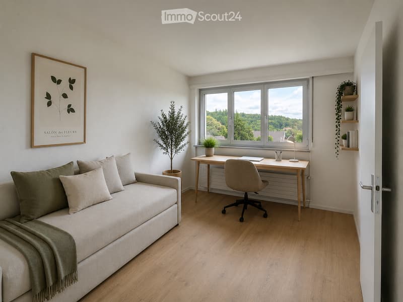 A modern, well-lit room with a sofa, desk, and chair. Features include a large window with a scenic view, a potted plant, a picture frame on the wall, and a small shelf with books and plants.