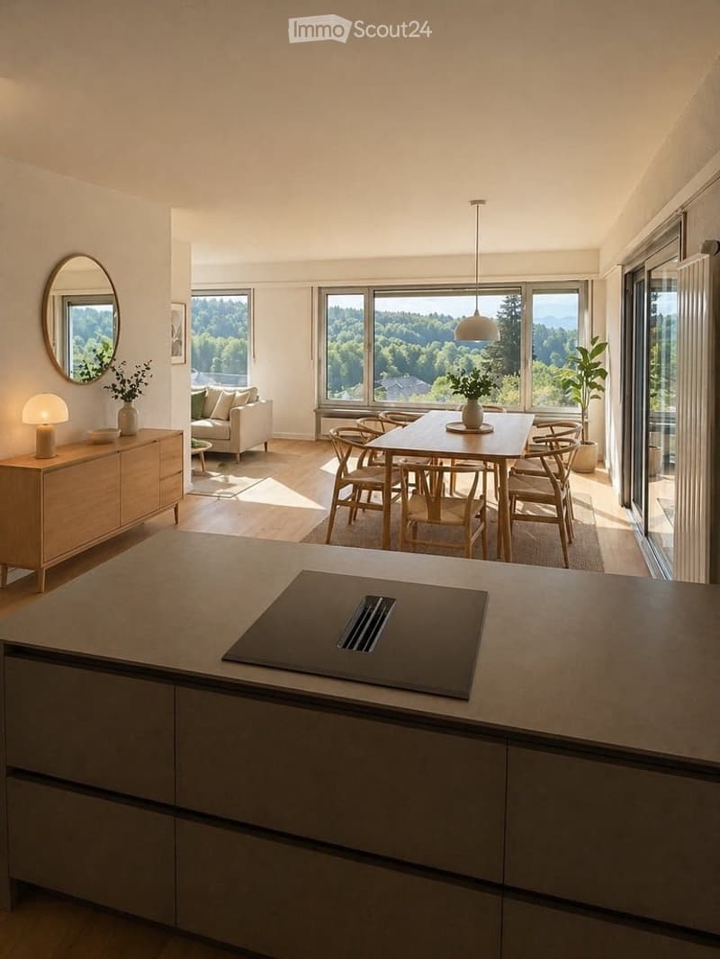Open-plan living and dining area with large windows offering a scenic view, featuring a sofa, dining table with chairs, a cabinet, and decorative items.