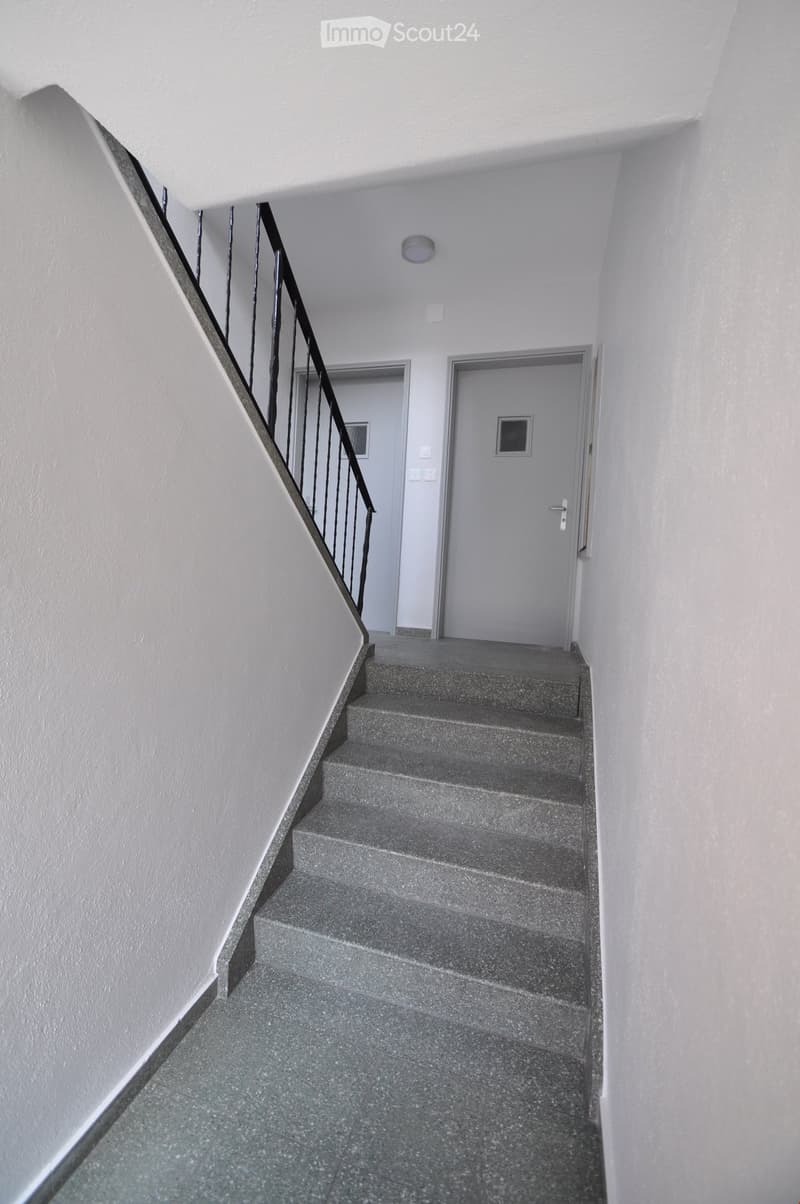 A modern staircase with grey concrete steps and a black metal railing, leading to a closed door at the end of the hallway.
