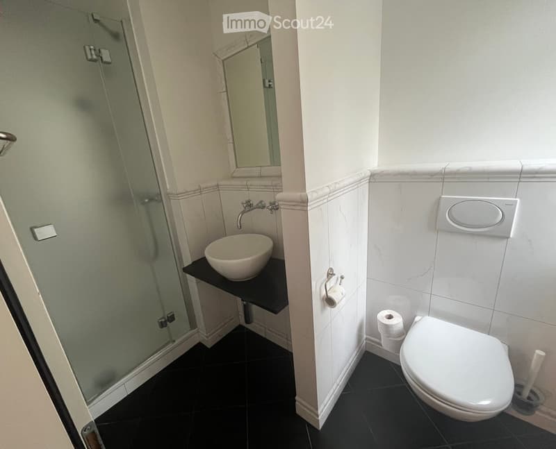 Modern bathroom with white marble tiles, black countertop sink, glass shower enclosure, and toilet with toilet paper holder.