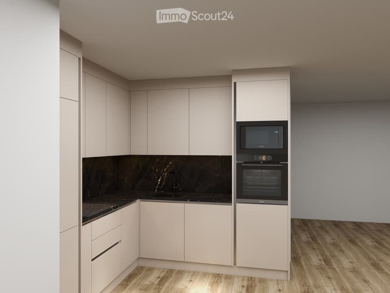 Modern kitchen with light-colored cabinets, a dark backsplash, and built-in microwave and oven. Features a wooden floor and sleek design.