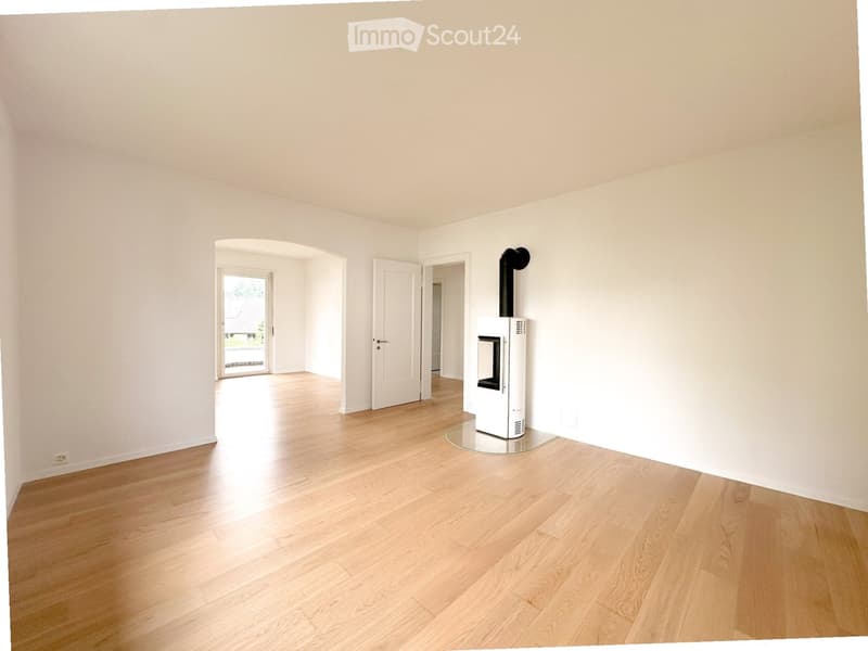 Empty room with light wooden flooring, white walls, and a modern white wood-burning stove with a black chimney pipe. The room features an arched doorway leading to another space.
