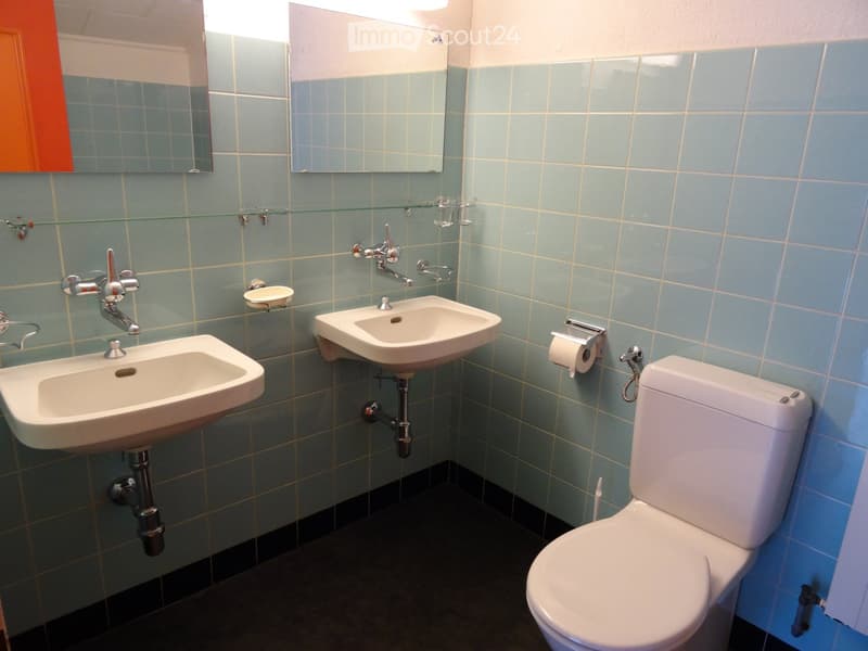 Bathroom with two sinks, a toilet, mirrors, and modern fixtures.