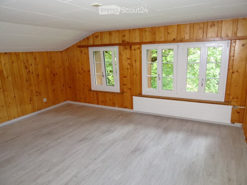 Empty room with wooden walls and flooring, large windows, and a radiator under one window.