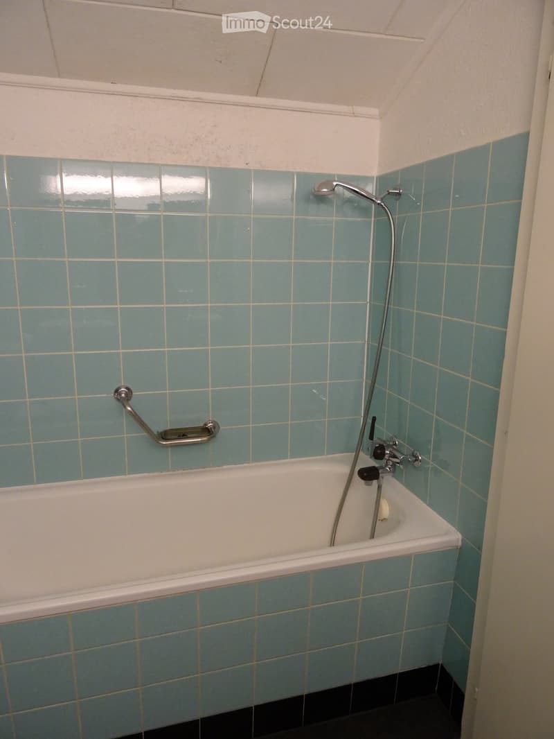Bathtub with a handheld showerhead and a handrail for support, surrounded by blue tiled walls and a white ceiling.