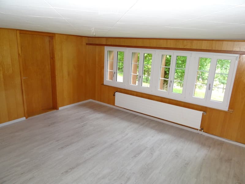 Empty room with wooden walls, light wooden flooring, and large windows with white frames. A white radiator is mounted on the wall beneath the windows.