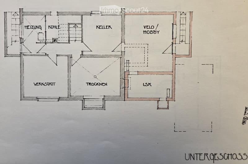 Floor plan of a basement level showing labeled areas including Werkstatt, Trocknen, LSK, Keller, Heizung, Kohle, and Velo/Hobby.