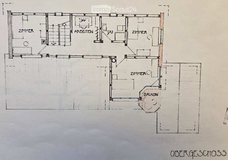 Floor plan of the upper floor showing four bedrooms, a bathroom, a balcony, and an office area.