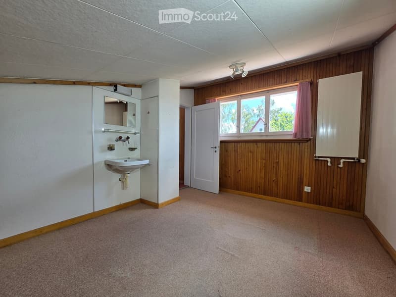Empty room with wooden panel walls, carpeted floor, a white sink, mirror, and a window with pink curtains.