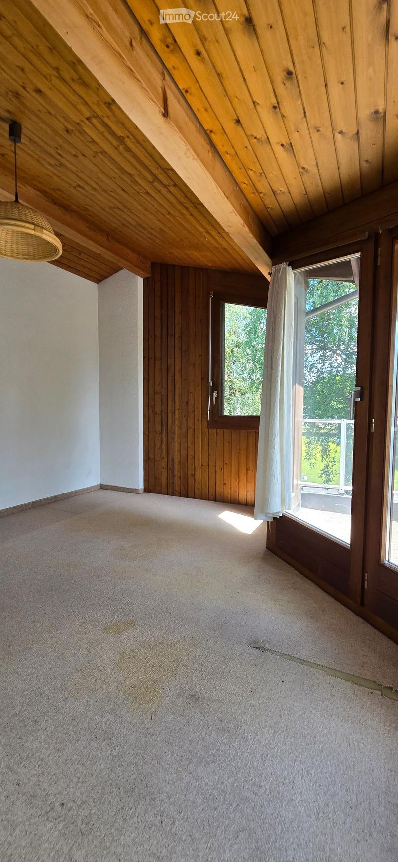 Empty room with wooden walls, carpeted floor, and large windows with curtains. Exposed wooden beams on the ceiling.