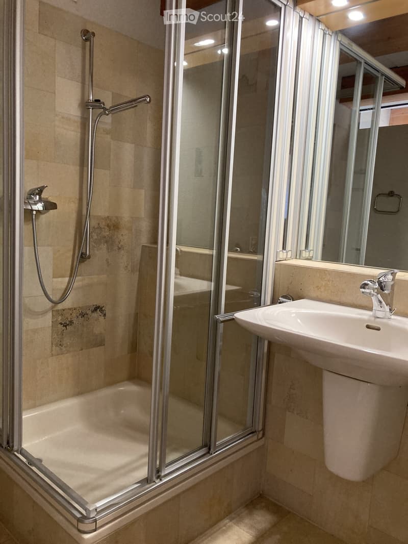 Modern bathroom with a bathtub, glass-enclosed shower, and a white sink with a chrome faucet.