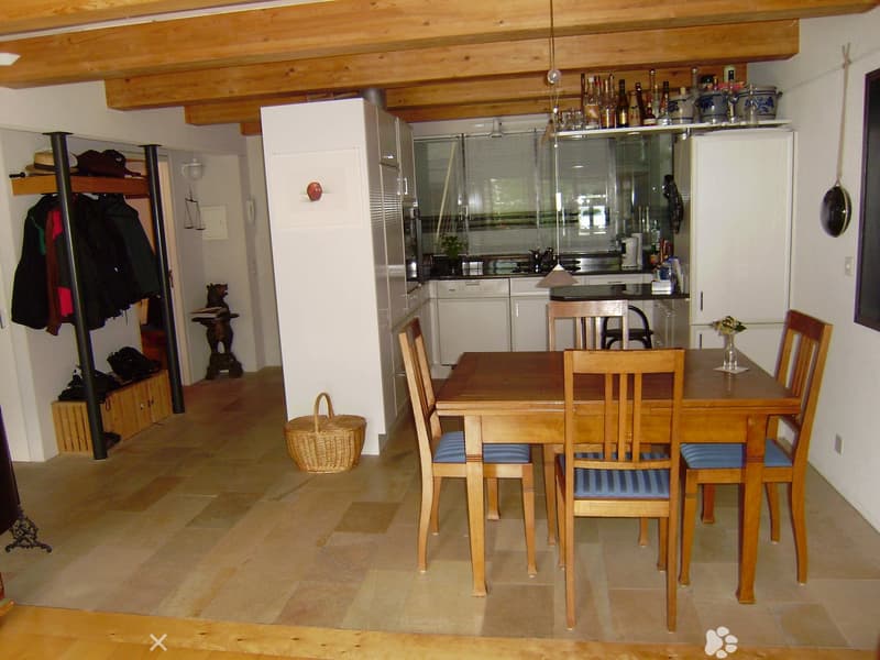 A cozy, well-furnished room with a dining table and chairs, a kitchen area with cabinets, a refrigerator, and a dishwasher, and a coat rack with jackets and hats.