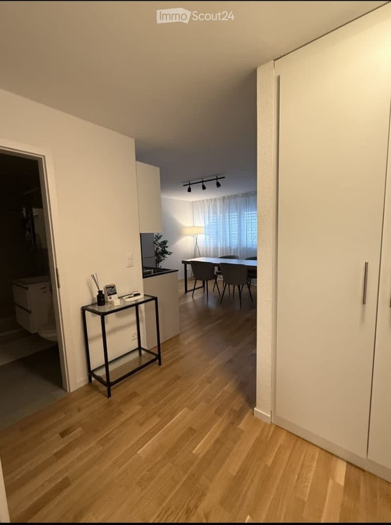 Modern hallway with wooden flooring, leading to a dining area with a table, chairs, and a lamp. A small black table with decorative items is placed near the wall.
