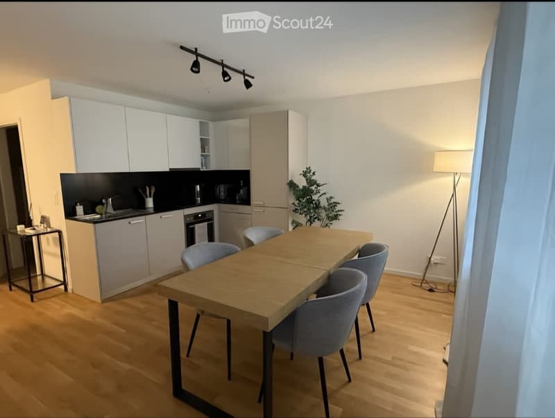 Modern kitchen and dining area with light wood flooring, white cabinets, a wooden dining table with four chairs, a sink, an oven, and a floor lamp.