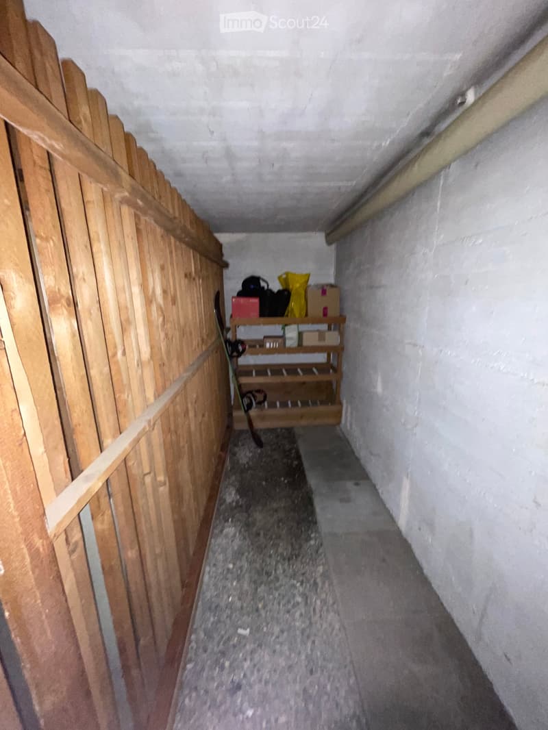 Narrow, unfinished hallway with wooden paneling on one side, concrete floor, and a small wooden shelf holding various items including bags and boxes.