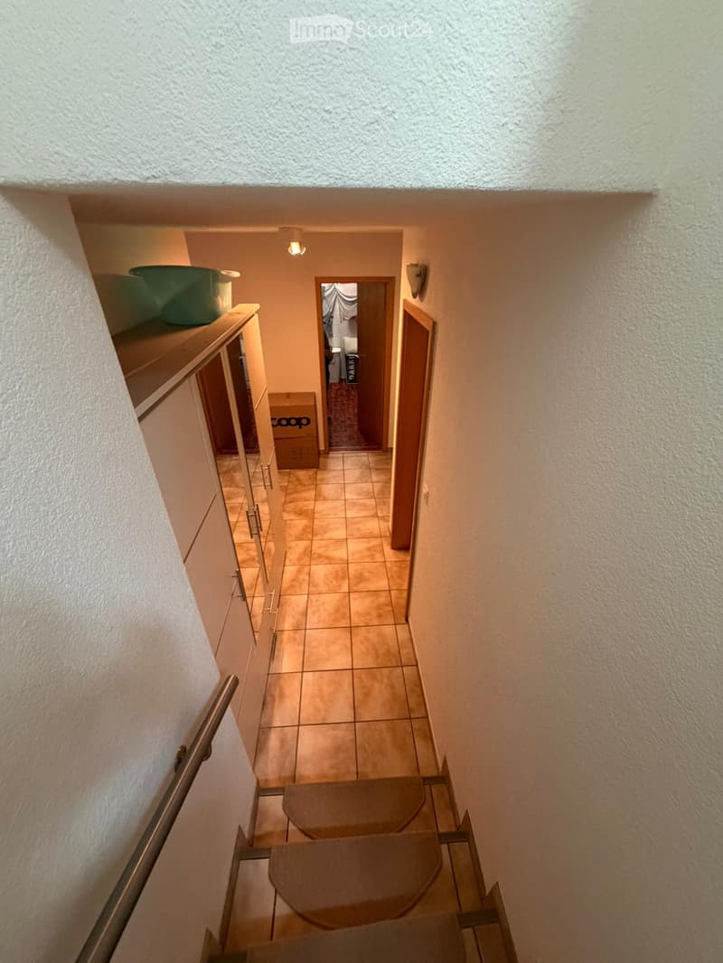 A narrow hallway with tiled flooring, beige walls, and a metal handrail on the left side. A small shelf with a green bowl is visible on the left, and a doorway leads to another room.