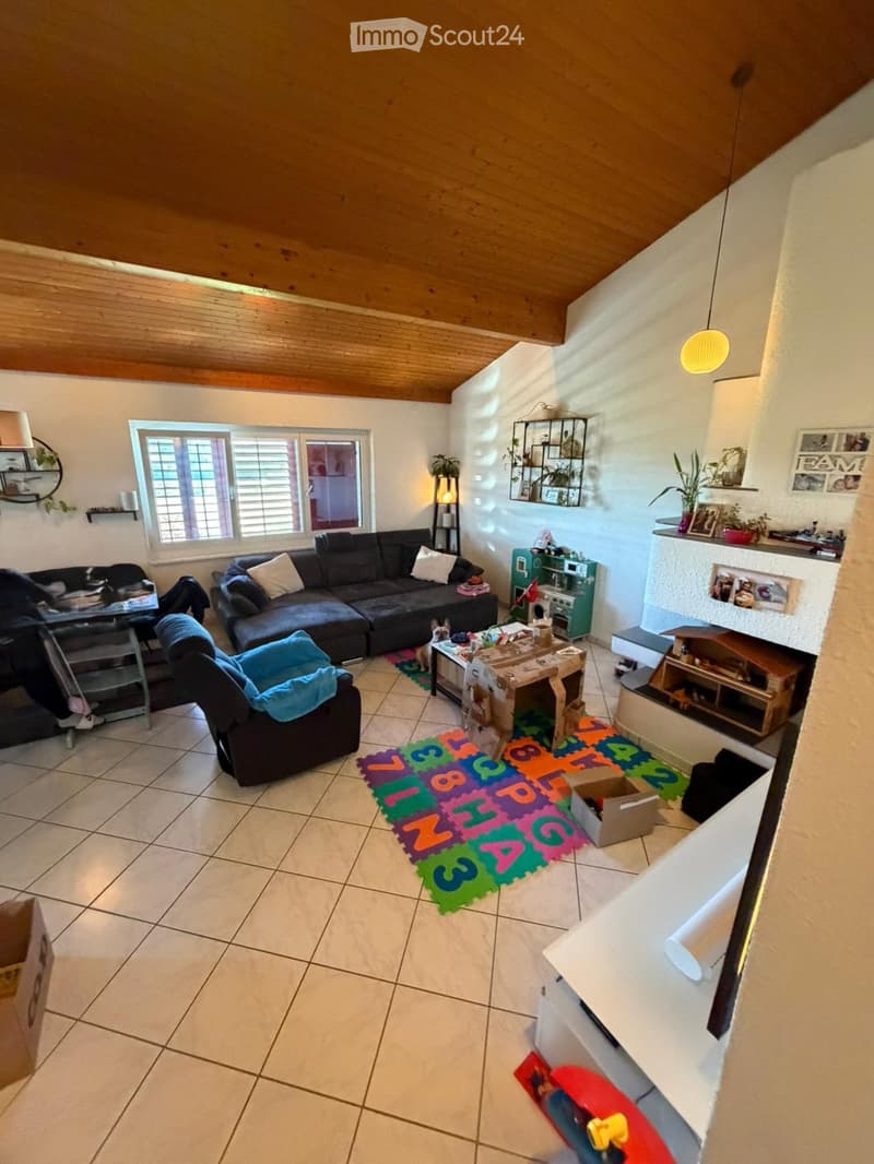 Living room with a dark grey sectional sofa, coffee table, colorful alphabet rug, fireplace, and shelves with decorative items.